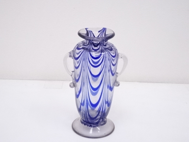 古物　アンティーク　吹きガラス青色　かきあげガラス花瓶　□kk